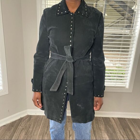 Express Vintage Suede Leather Studded Belted Trench Coat Jacket - Picture 4 of 10